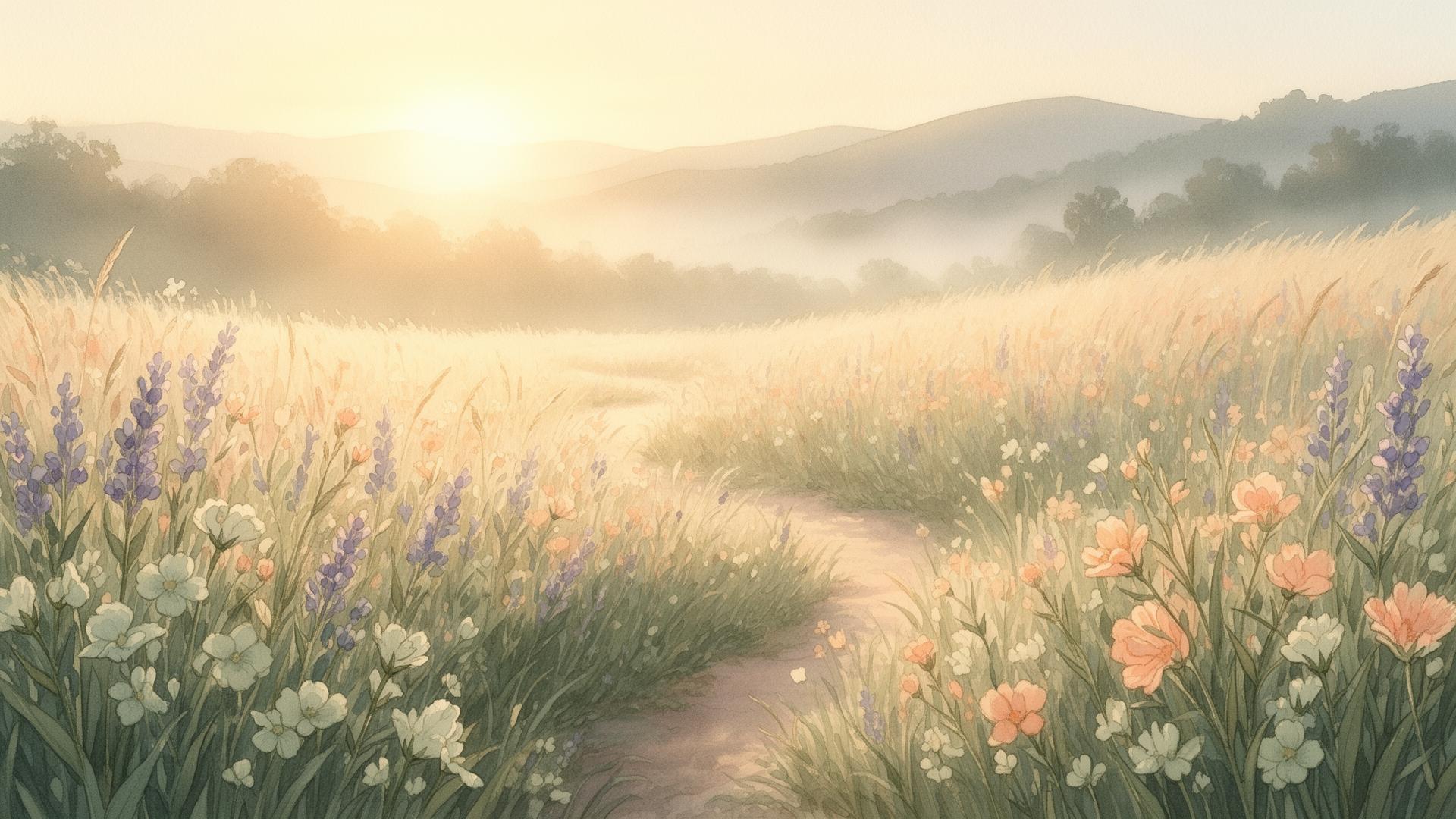 A soft, sunlit meadow with a gentle path winding through wildflowers